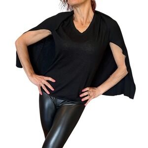 KOKUN BLACK CASHMERE BAMBOO SWEATER CAPE PONCHO PULLOVER V NECK  S